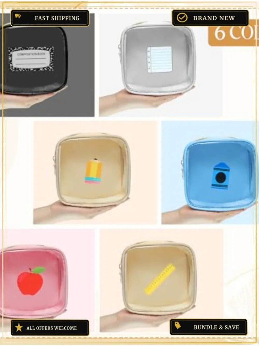 Set of 6 PVC Nylon Mini Makeup Bags with Gold Zippers, Portable Travel Cosmetic